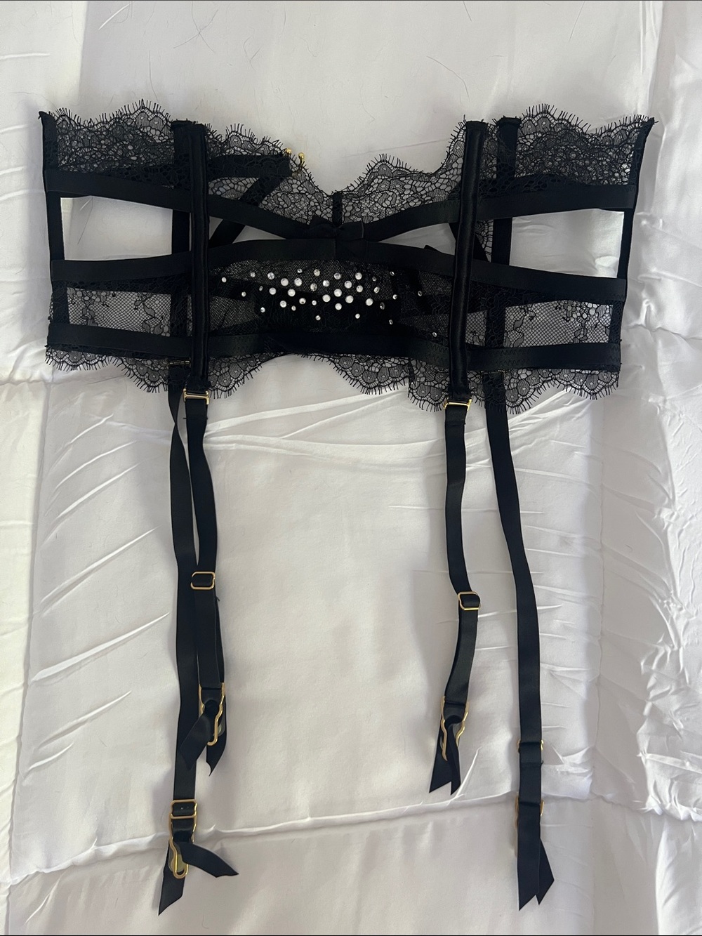 Victoria's Secret Black Strappy Garter Belt with Gold Hardware